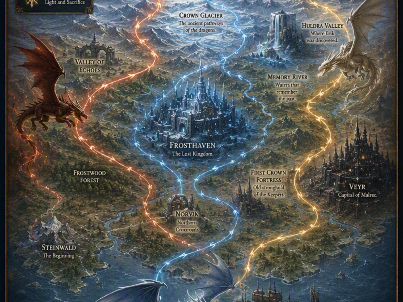 Three dragons. Three paths. One destiny. Trace the roads north from Steinwald toward the lost kingdom of Frosthaven.