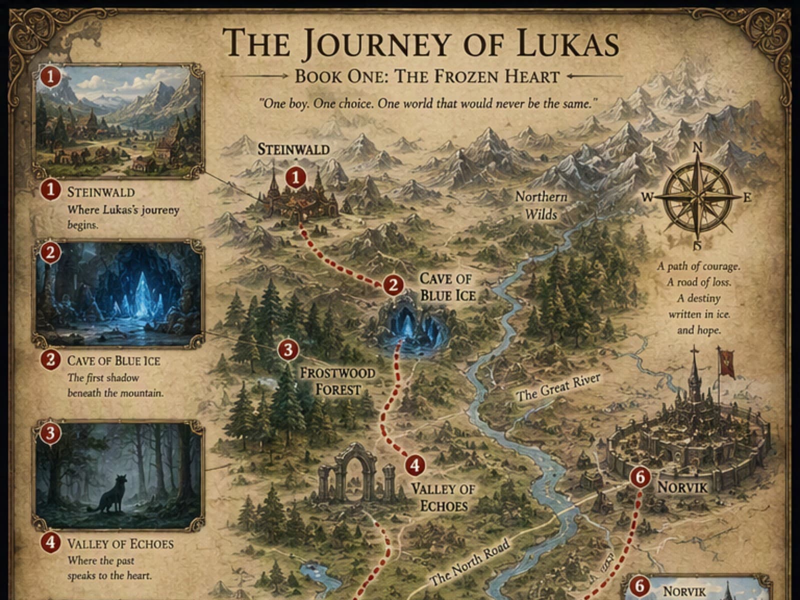 Follow Lukas from Steinwald to the shadows of Veyr, tracing the path of a boy with no past as each discovery, danger, and choice draws him deeper into the mystery of the Frozen Heart.
