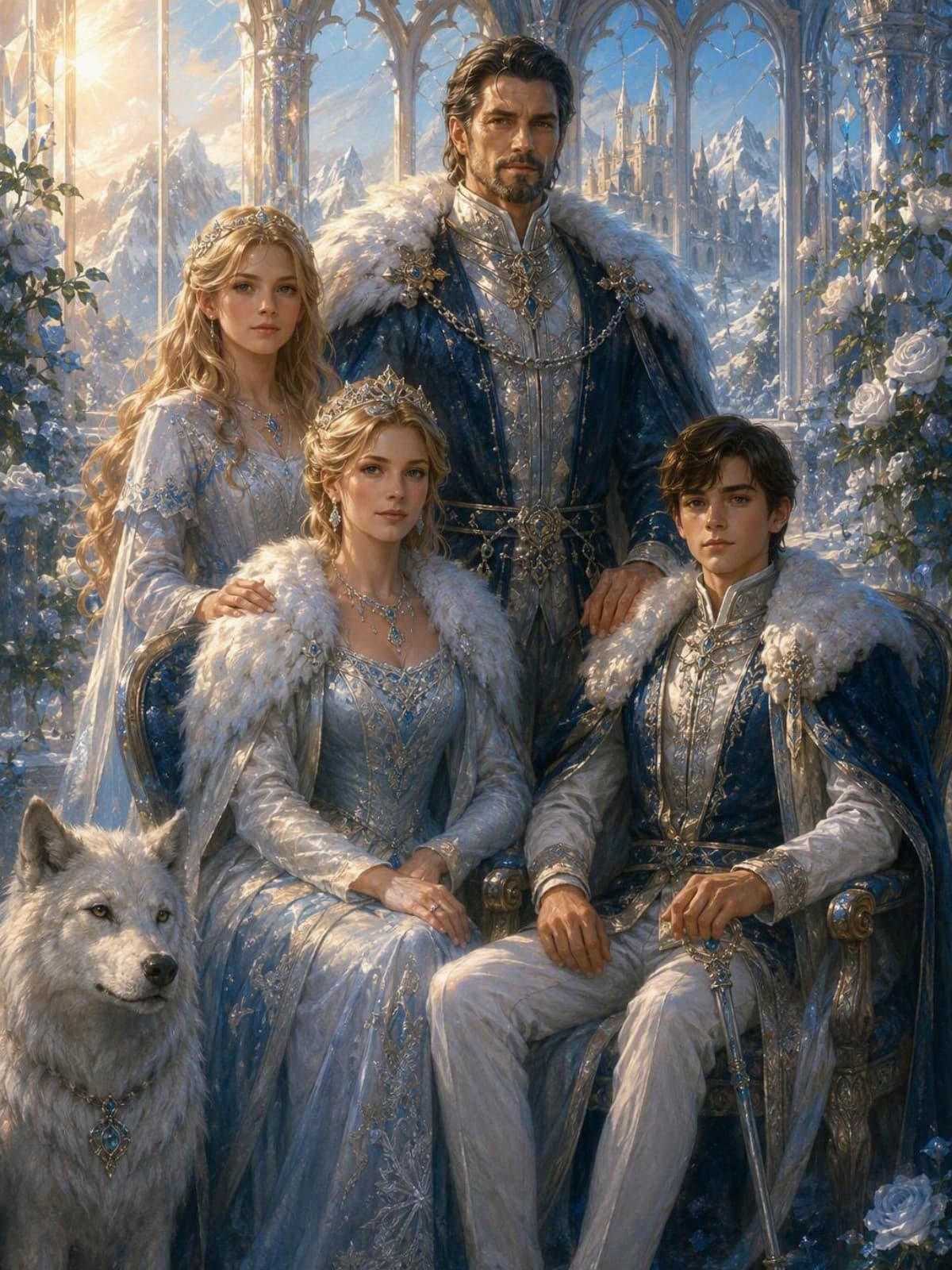 King Malrec, Queen Elara, Prince Cael, and Princess Elara — artwork from The Frozen Heart Saga